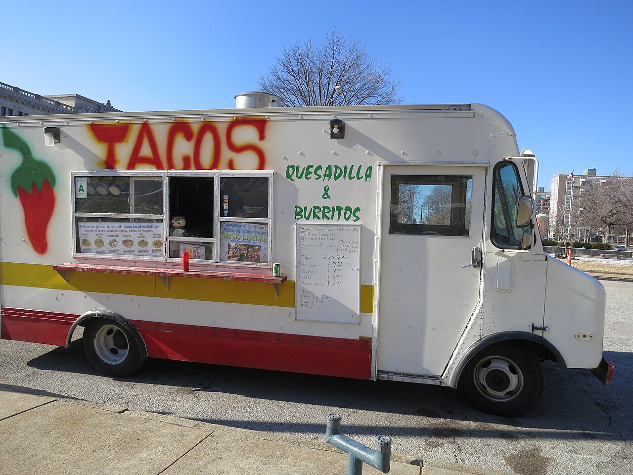 Taco truck parked at the curb in downtown St. Louis